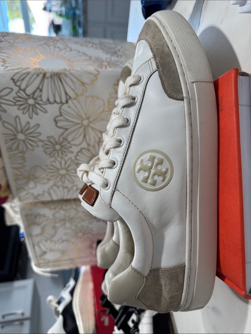Tory Burch White Leather & Beige Suede Logo Low-Top Sneaker